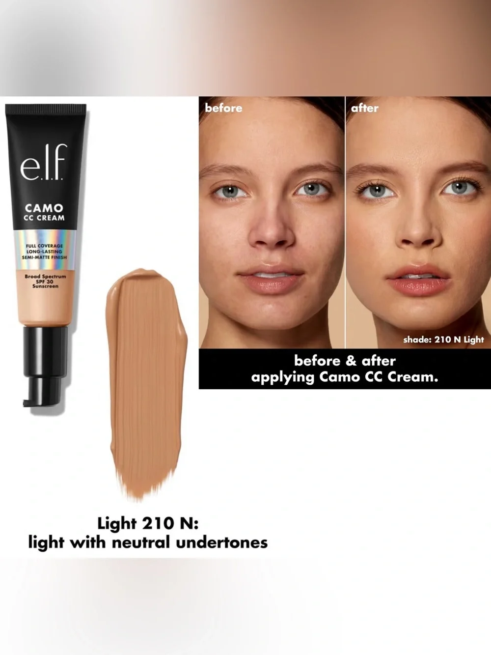 e.l.f. Camo CC Cream Foundation (Light 210 N - exp: 07/2027) NIB 30 g / 1 oz